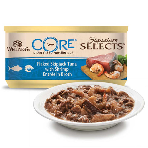 Hrana umeda pentru pisici Wellness Core Signature Select cu ton si creveti in supa 79g